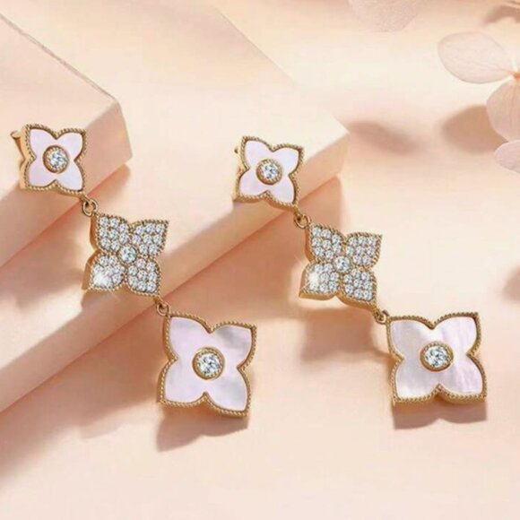 Mother Of Pearl Clover Drop Earrings Cleef inspired - Picture 3 of 5